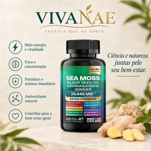 Suplemento Natural 8 en 1 - Musgo Marino, Black Seed Oil, Ashwagandha y Jengibre, Vivanae